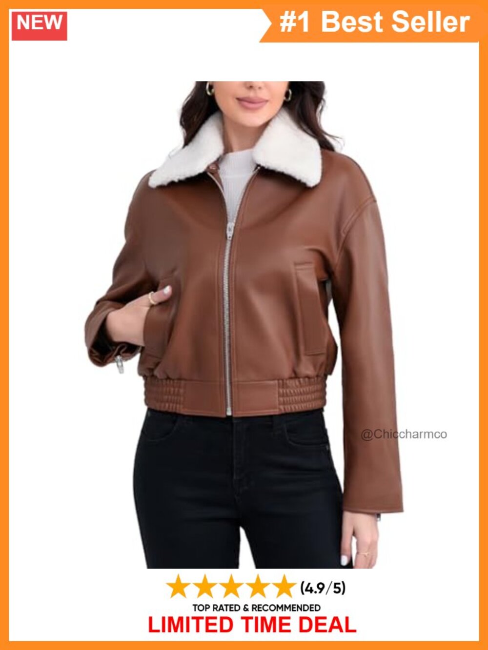 Cropped Leather Bomber Jacket Removable Faux Fur Collar Women's Outerwear